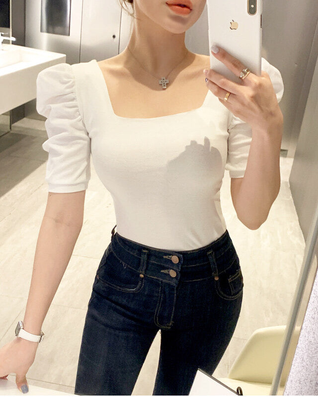 Puff Shoulder Square-Neck Short Sleeve