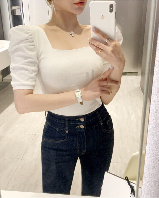 Puff Shoulder Square-Neck Short Sleeve